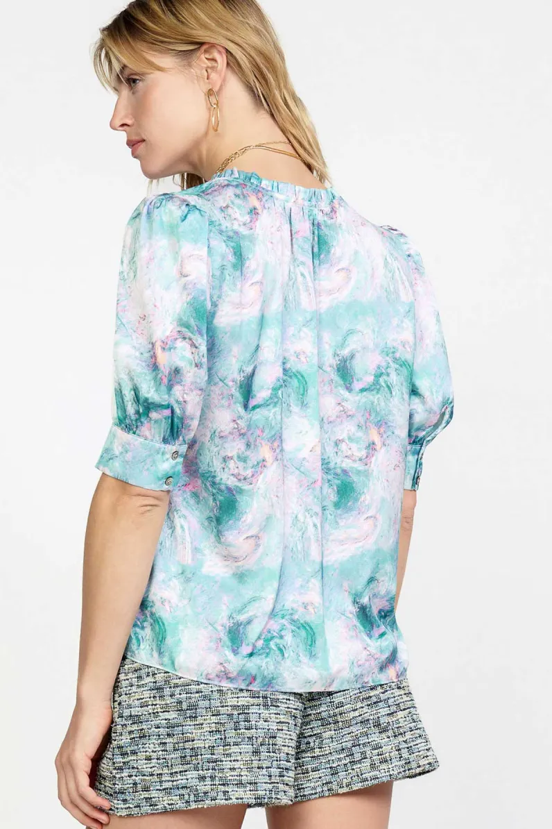 Abstract Printed Ruffle Sleeve Top