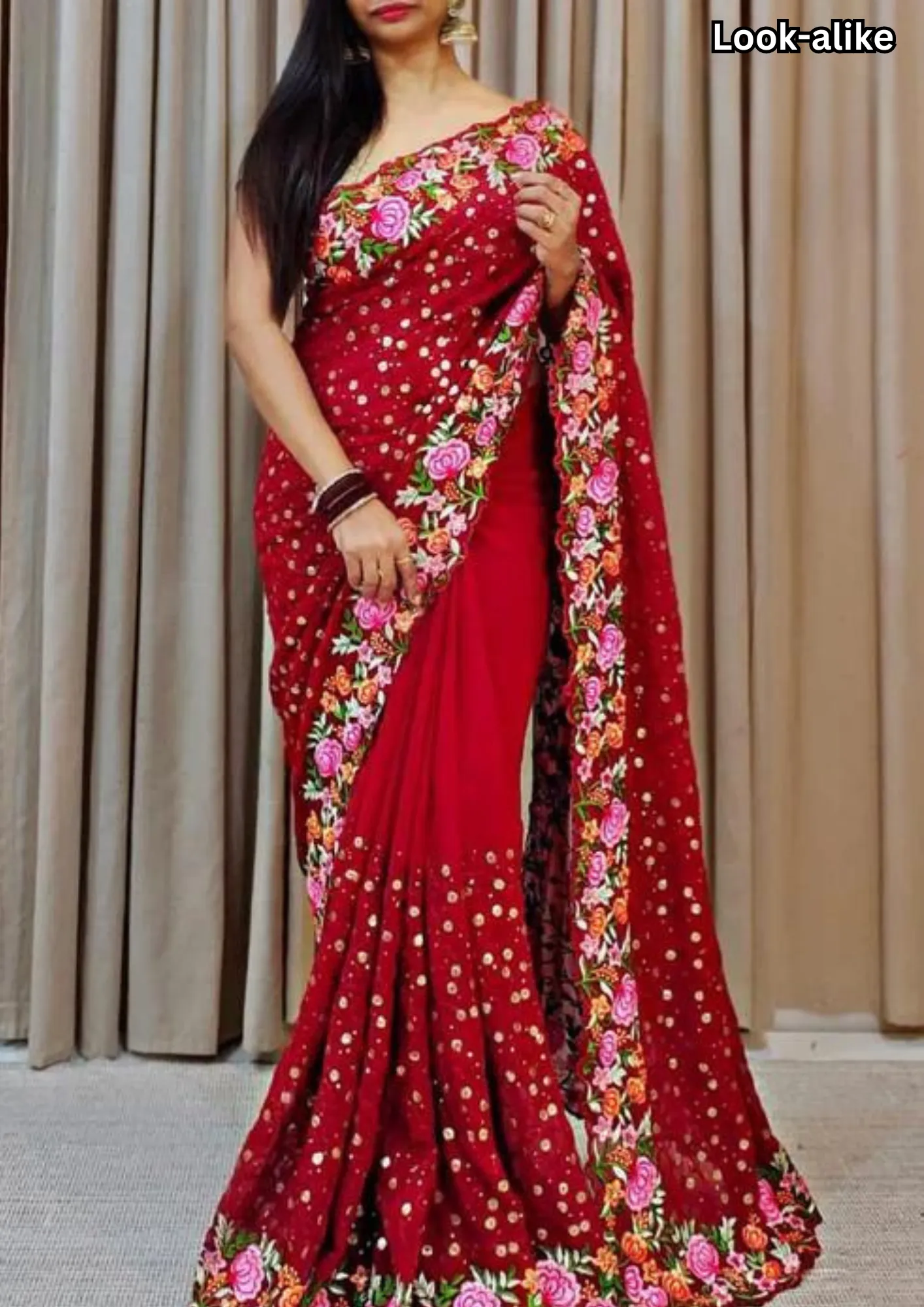 Attractive Dark Red Color Thread Work Embroidery Sequins Georgette Saree For Women