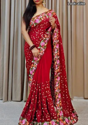 Attractive Dark Red Color Thread Work Embroidery Sequins Georgette Saree For Women