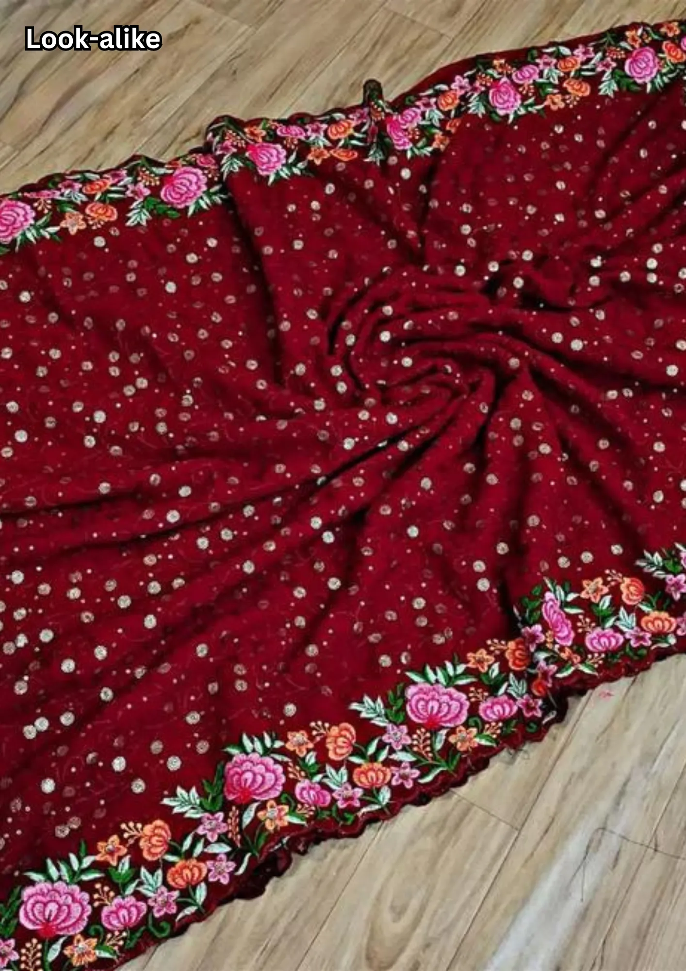 Attractive Dark Red Color Thread Work Embroidery Sequins Georgette Saree For Women
