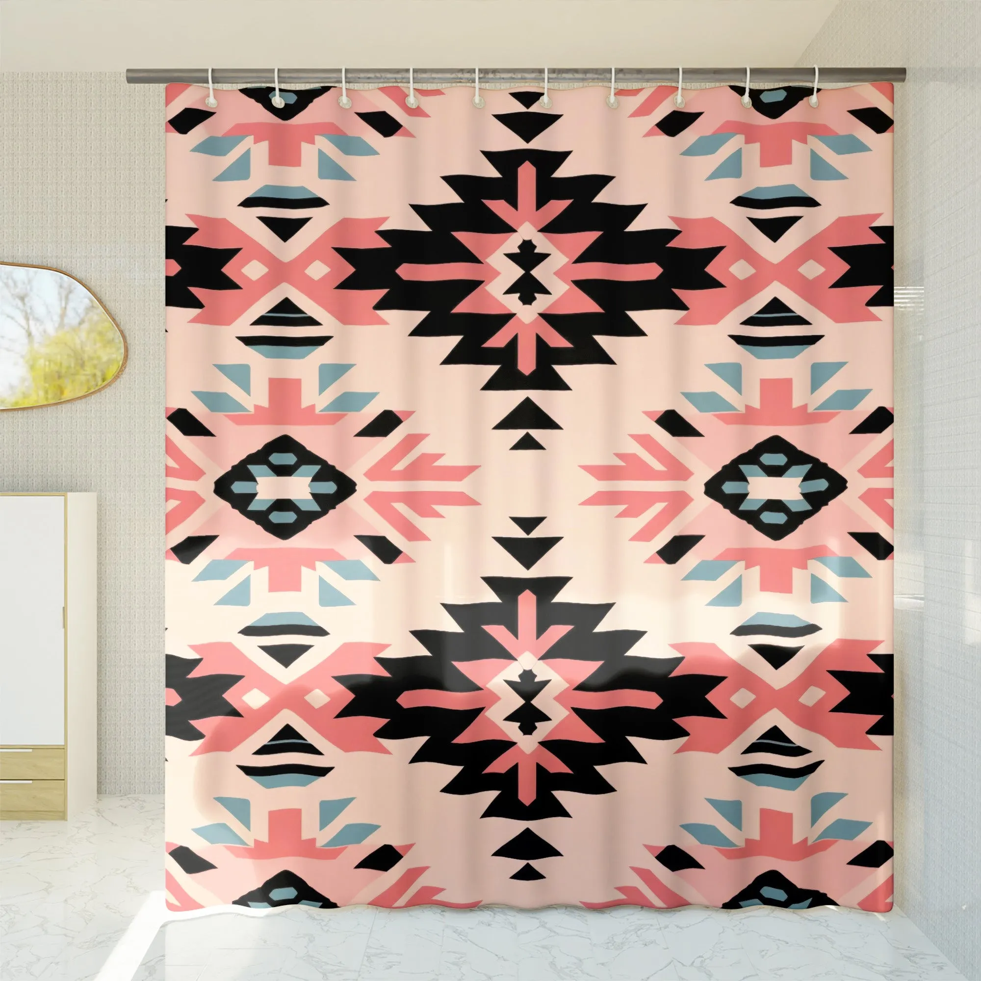 Aztec Western Shower Curtain Colorful Pastel Pink Abstract Geometric Pattern, Lightweight 100% Polyester, Water and Mildew Resistant, Multiple sizes with Hooks