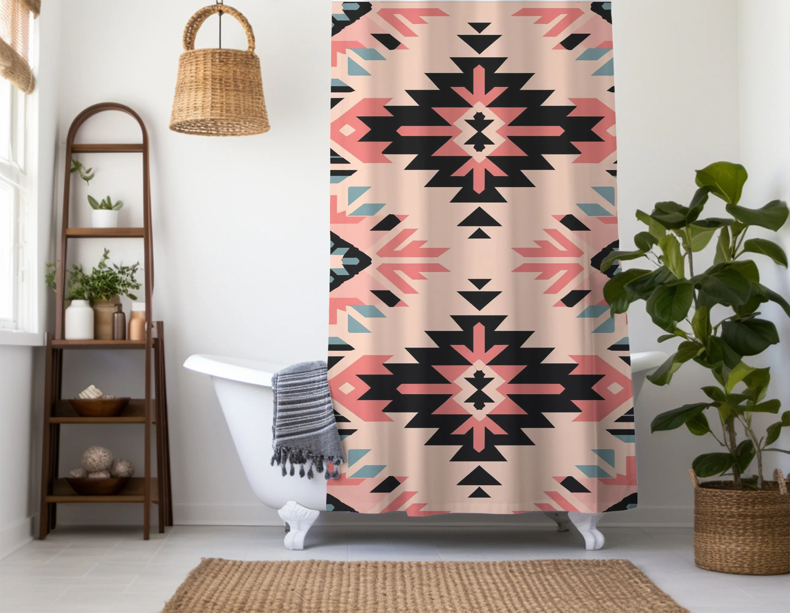 Aztec Western Shower Curtain Colorful Pastel Pink Abstract Geometric Pattern, Lightweight 100% Polyester, Water and Mildew Resistant, Multiple sizes with Hooks