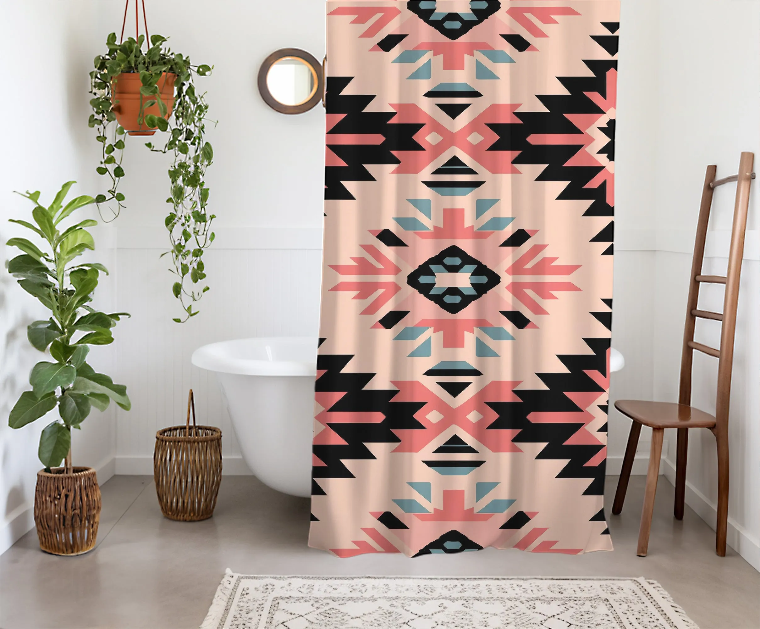 Aztec Western Shower Curtain Colorful Pastel Pink Abstract Geometric Pattern, Lightweight 100% Polyester, Water and Mildew Resistant, Multiple sizes with Hooks