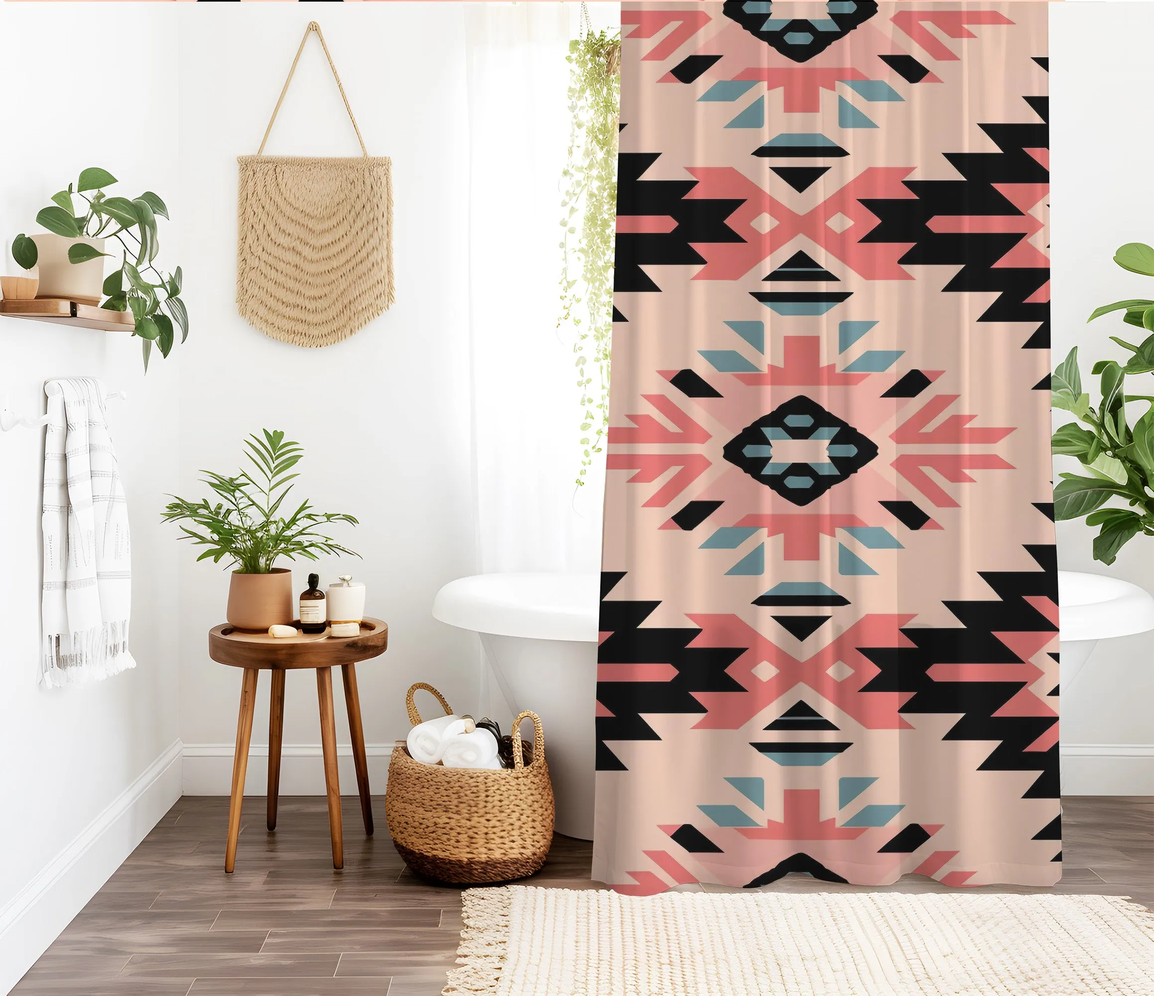 Aztec Western Shower Curtain Colorful Pastel Pink Abstract Geometric Pattern, Lightweight 100% Polyester, Water and Mildew Resistant, Multiple sizes with Hooks