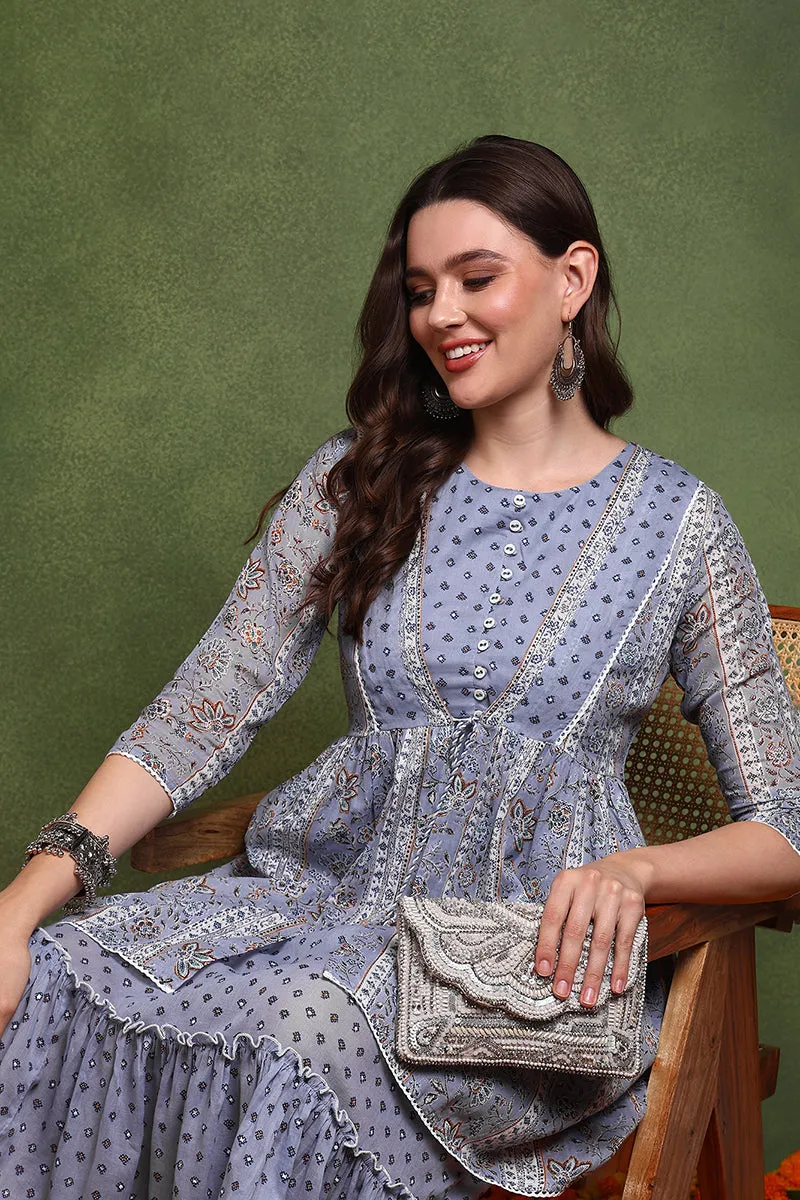 Blue Cotton Abstract Printed Midi Ethnic Dress With Longline Shrug