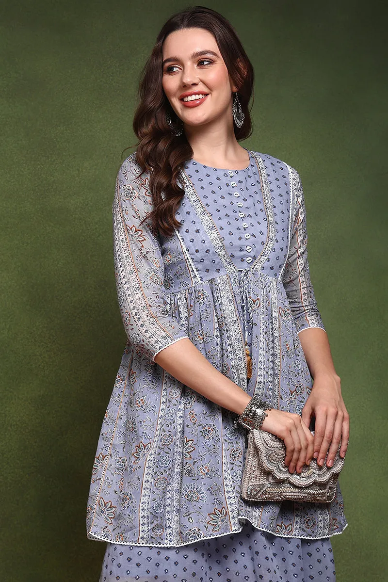 Blue Cotton Abstract Printed Midi Ethnic Dress With Longline Shrug