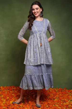 Blue Cotton Abstract Printed Midi Ethnic Dress With Longline Shrug