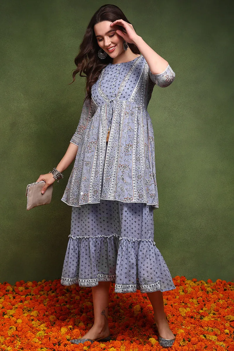 Blue Cotton Abstract Printed Midi Ethnic Dress With Longline Shrug