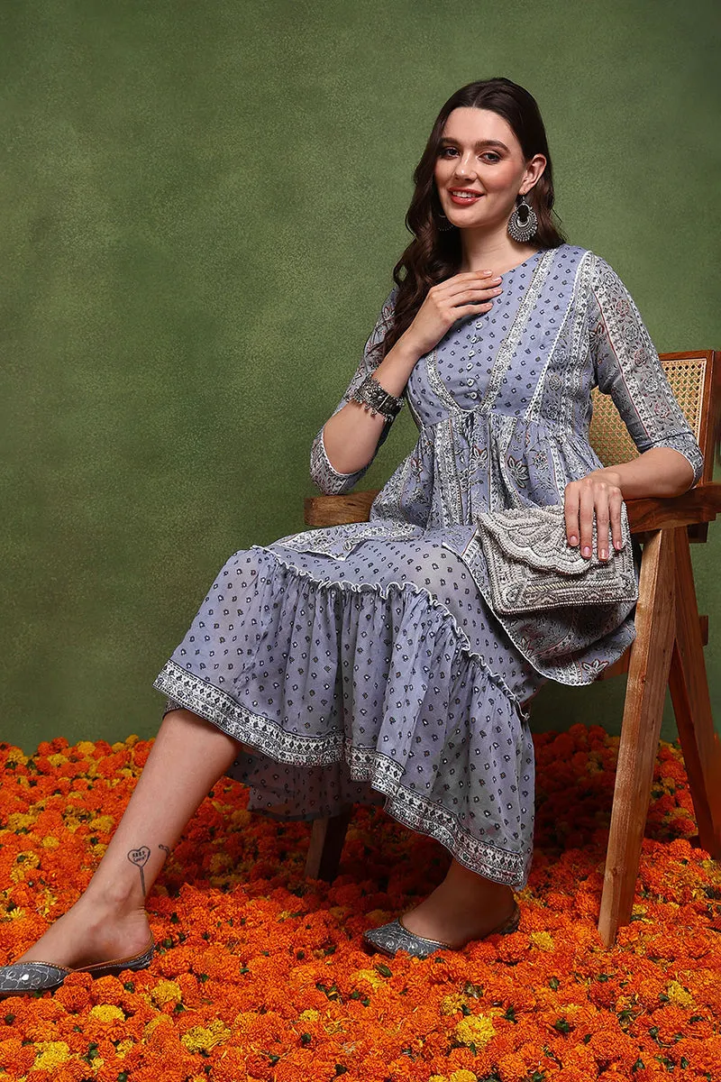 Blue Cotton Abstract Printed Midi Ethnic Dress With Longline Shrug