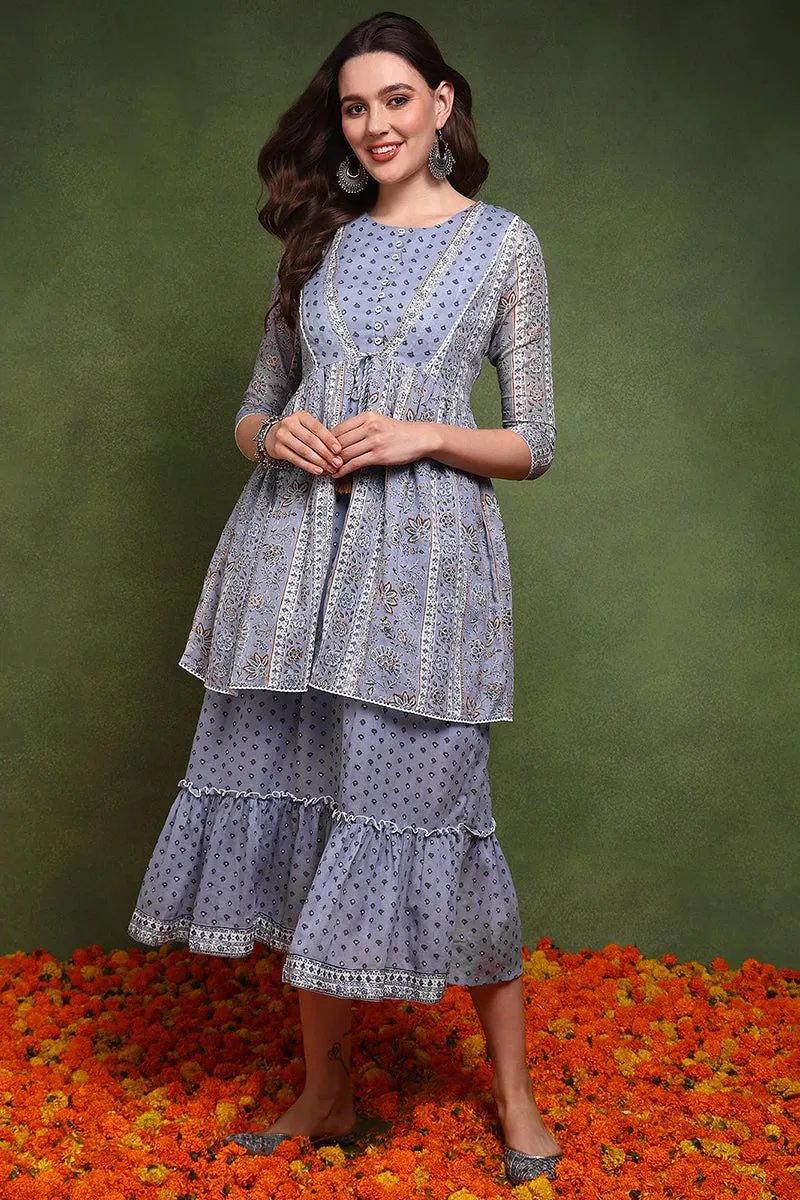 Blue Cotton Abstract Printed Midi Ethnic Dress With Longline Shrug