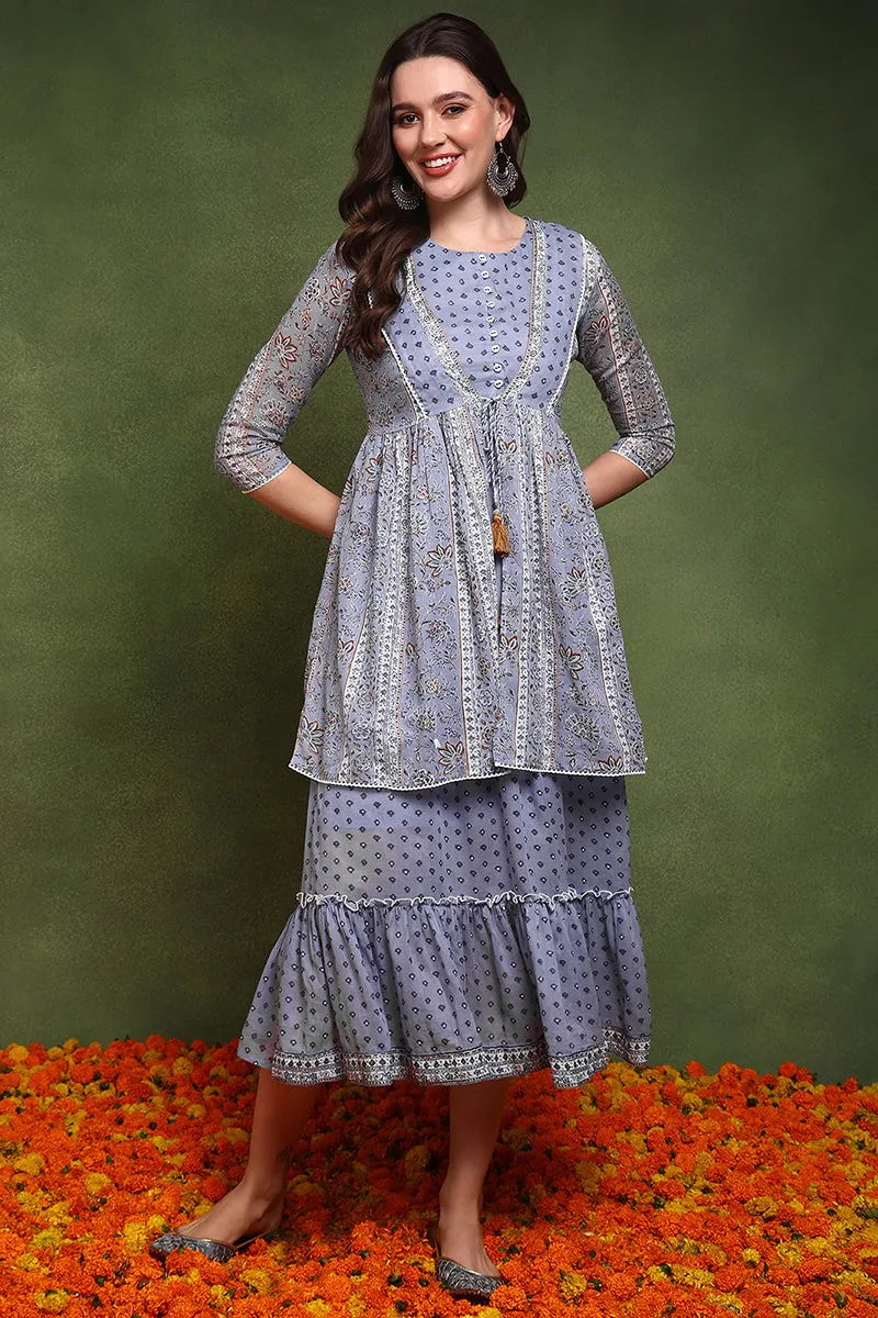 Blue Cotton Abstract Printed Midi Ethnic Dress With Longline Shrug