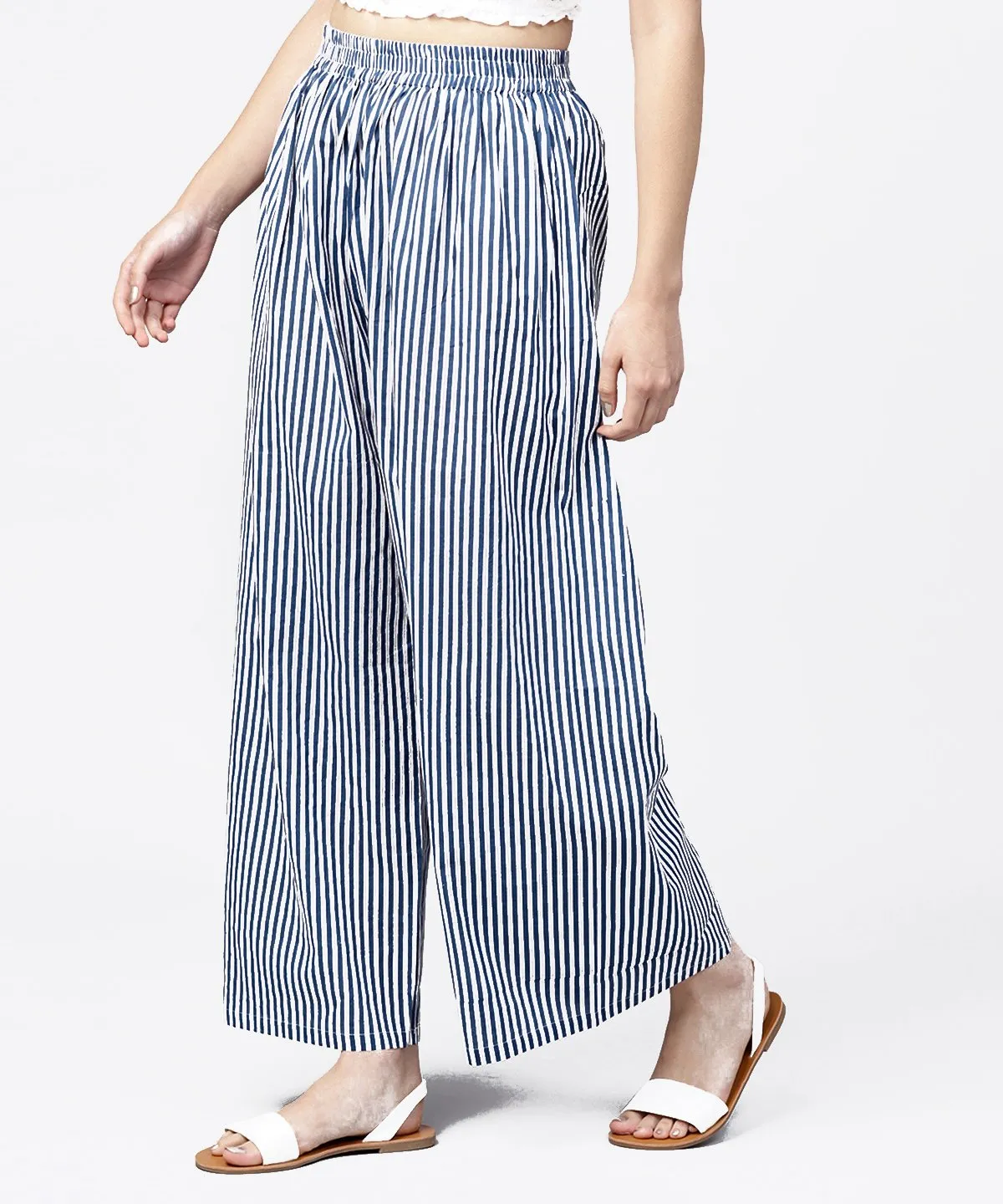 Blue Striped Printed Ankle Length Cotton Regular Fit Palazzo