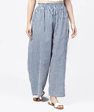 Blue Striped Printed Ankle Length Cotton Regular Fit Palazzo