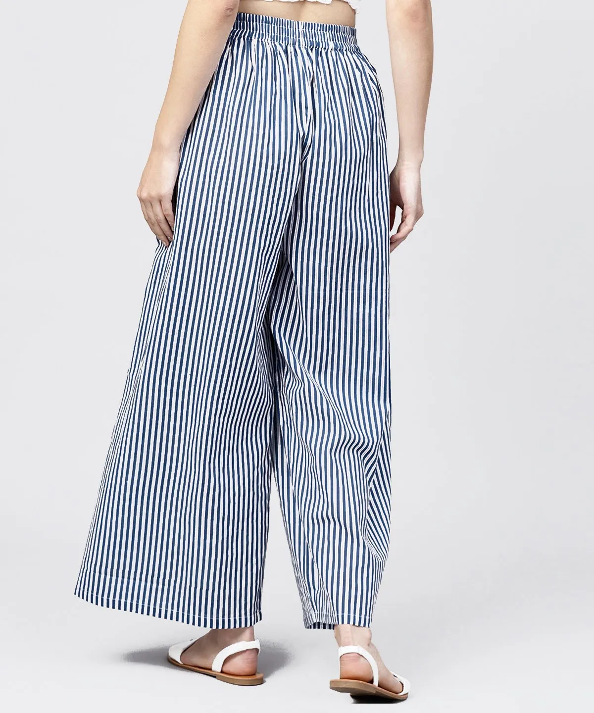 Blue Striped Printed Ankle Length Cotton Regular Fit Palazzo