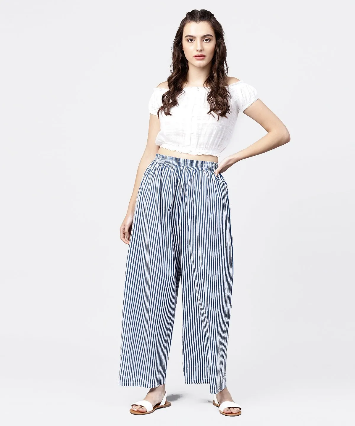 Blue Striped Printed Ankle Length Cotton Regular Fit Palazzo