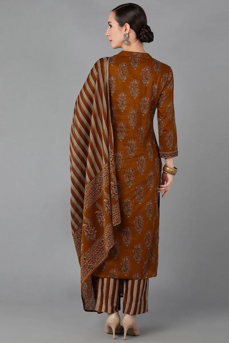 Brown Cotton Straight Kurta Pant With Dupatta