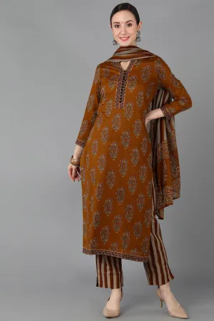 Brown Cotton Straight Kurta Pant With Dupatta