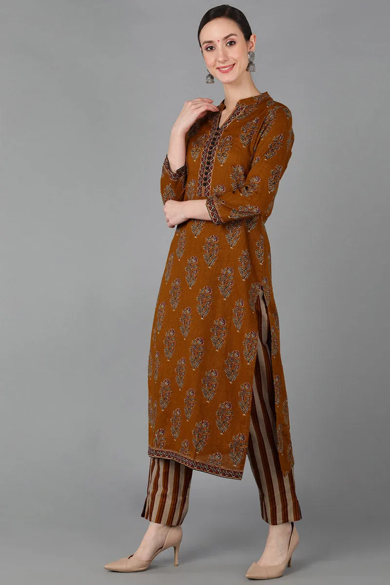 Brown Cotton Straight Kurta Pant With Dupatta
