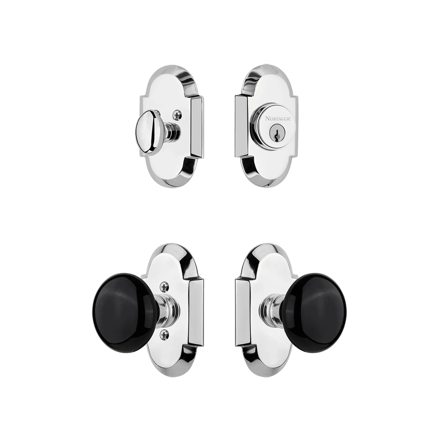Cottage Entry Set with Black Porcelain Knob in Bright Chrome