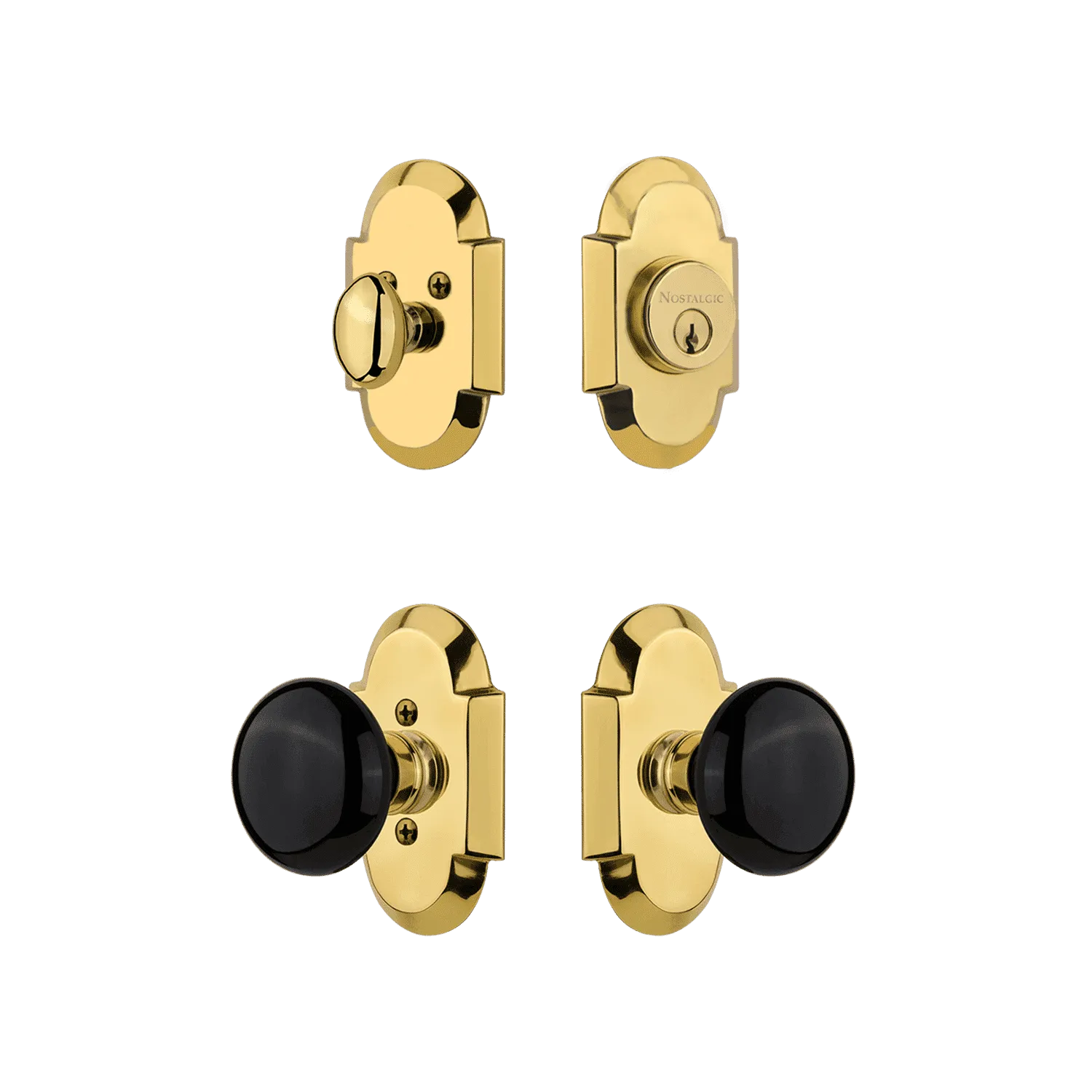 Cottage Entry Set with Black Porcelain Knob in Polished Brass