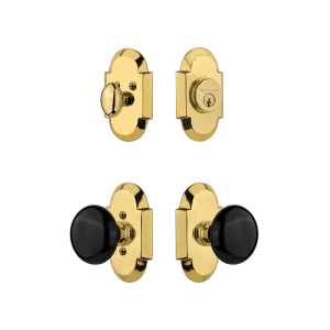 Cottage Entry Set with Black Porcelain Knob in Polished Brass