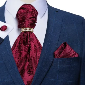 DiBanGu Ascot Tie Red Paisley Silk Cravat Woven Ascot Tie Pocket Square Cufflinks With Tie Ring Set