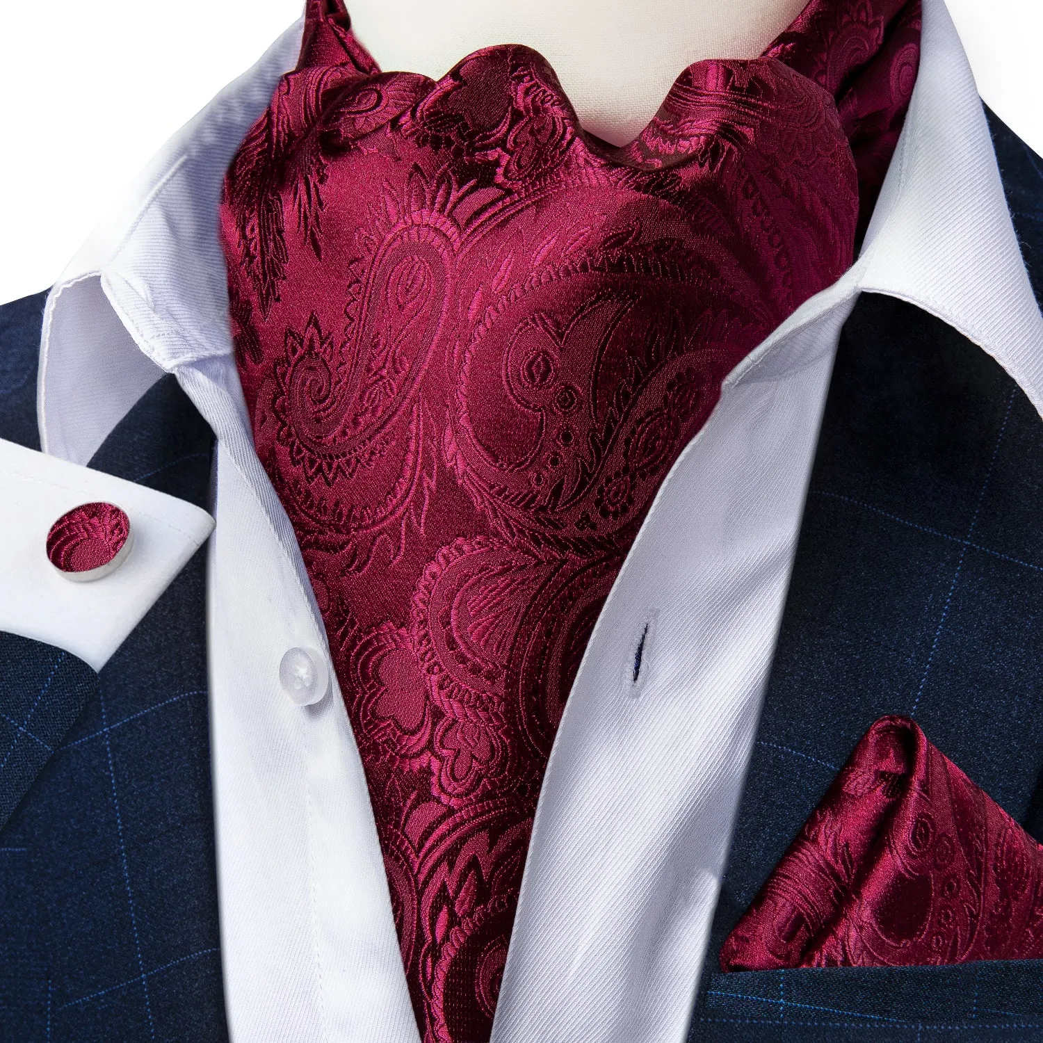 DiBanGu Ascot Tie Red Paisley Silk Cravat Woven Ascot Tie Pocket Square Cufflinks With Tie Ring Set
