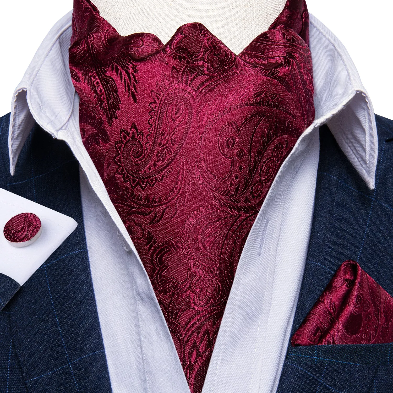DiBanGu Ascot Tie Red Paisley Silk Cravat Woven Ascot Tie Pocket Square Cufflinks With Tie Ring Set