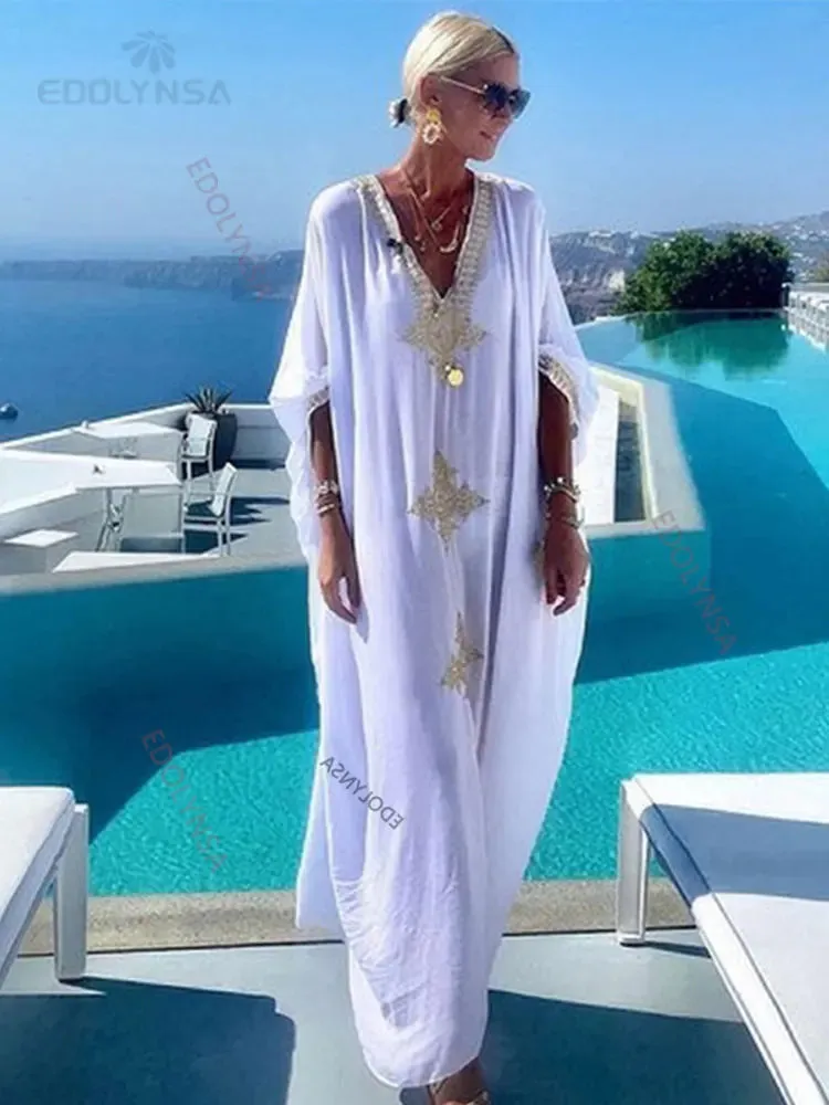 Elegant Gold Embroidered Kaftan - Retro V-Neck White Dress