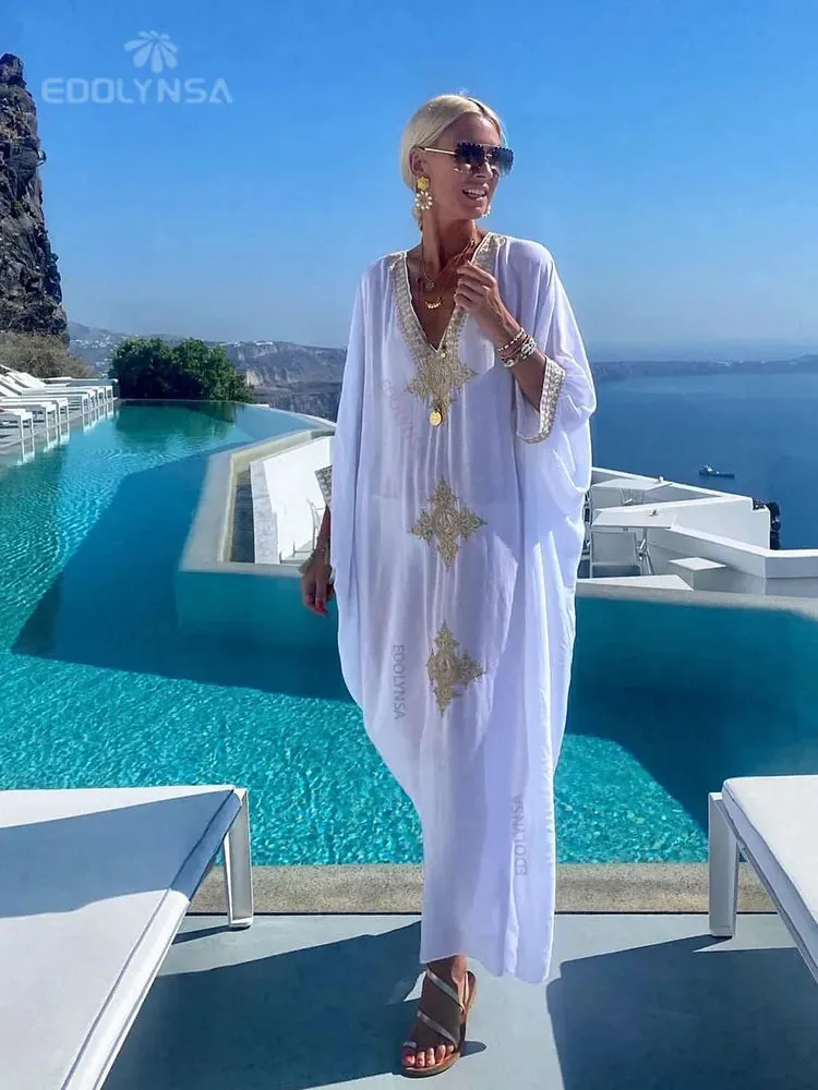 Elegant Gold Embroidered Kaftan - Retro V-Neck White Dress