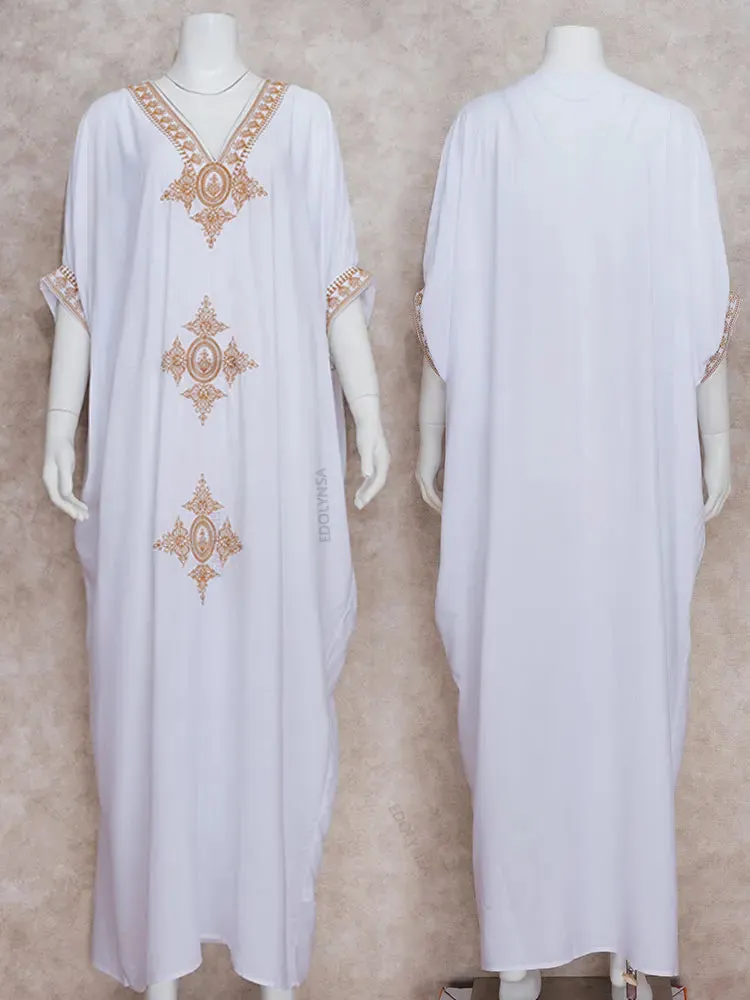 Elegant Gold Embroidered Kaftan - Retro V-Neck White Dress
