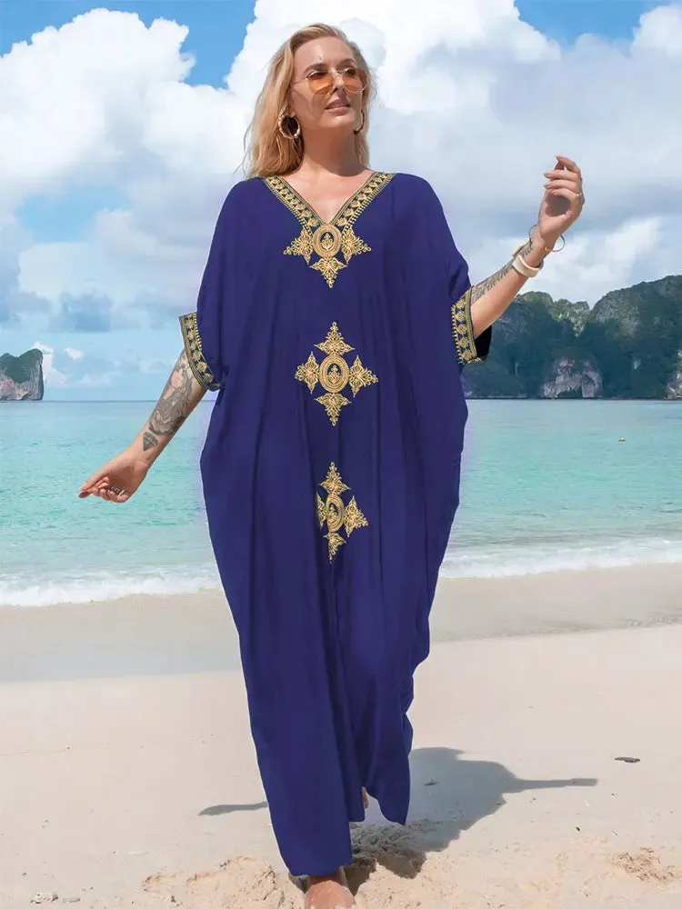 Elegant Gold Embroidered Kaftan - Retro V-Neck White Dress