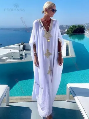 Elegant Gold Embroidered Kaftan - Retro V-Neck White Dress