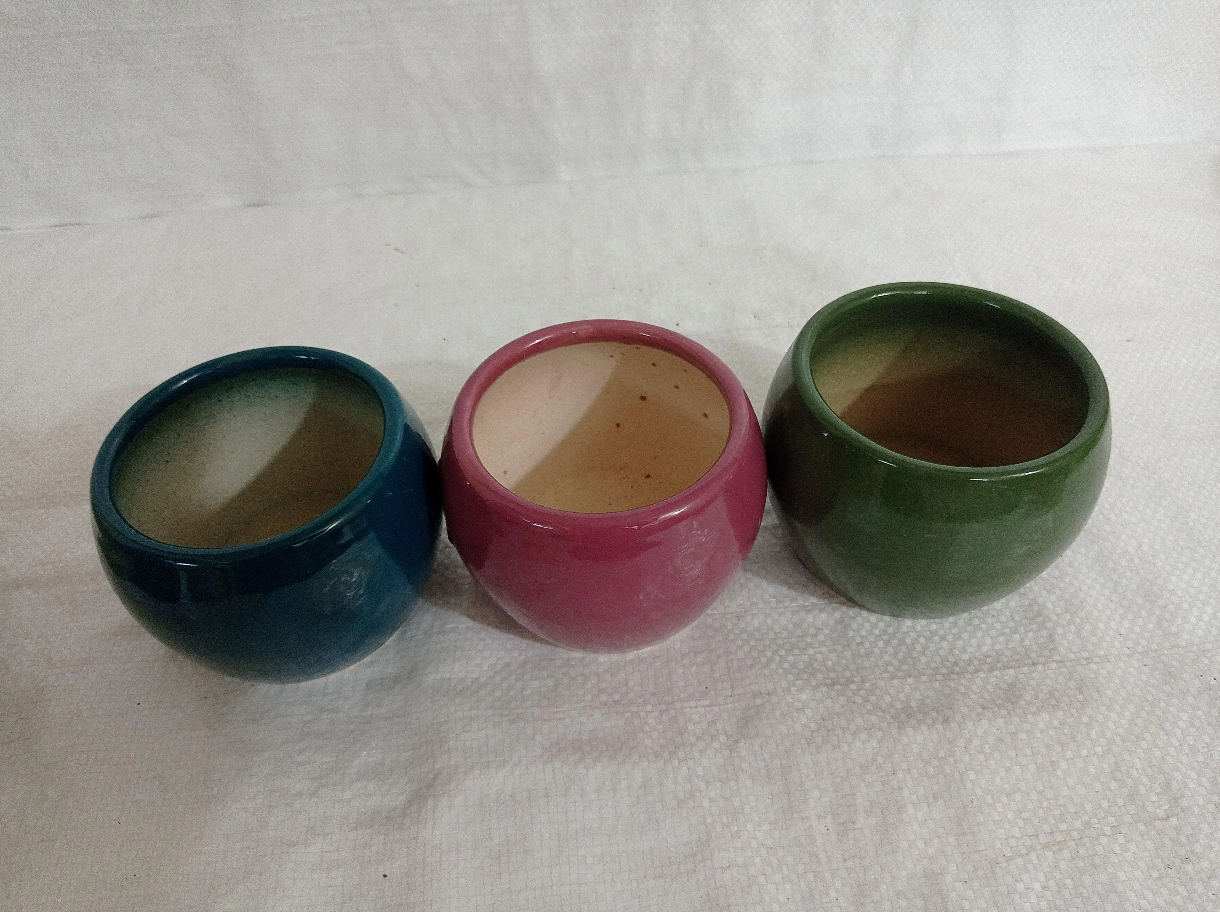 Elegant Trio of Round Ceramic Plant Pots | Dark Blue, Turtle Green & Wine Color