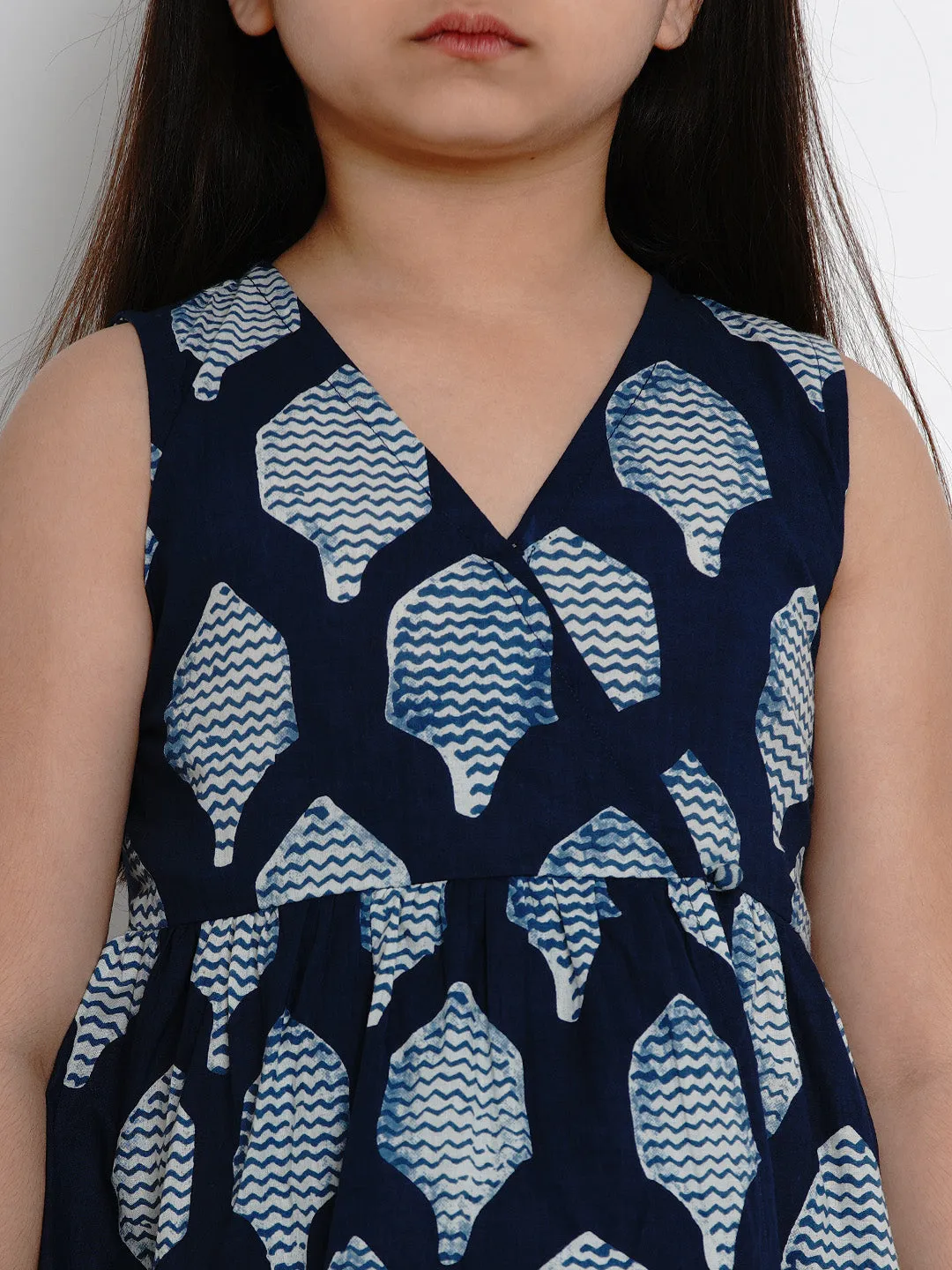 Girls Navy Blue Printed Top with Pant Set
