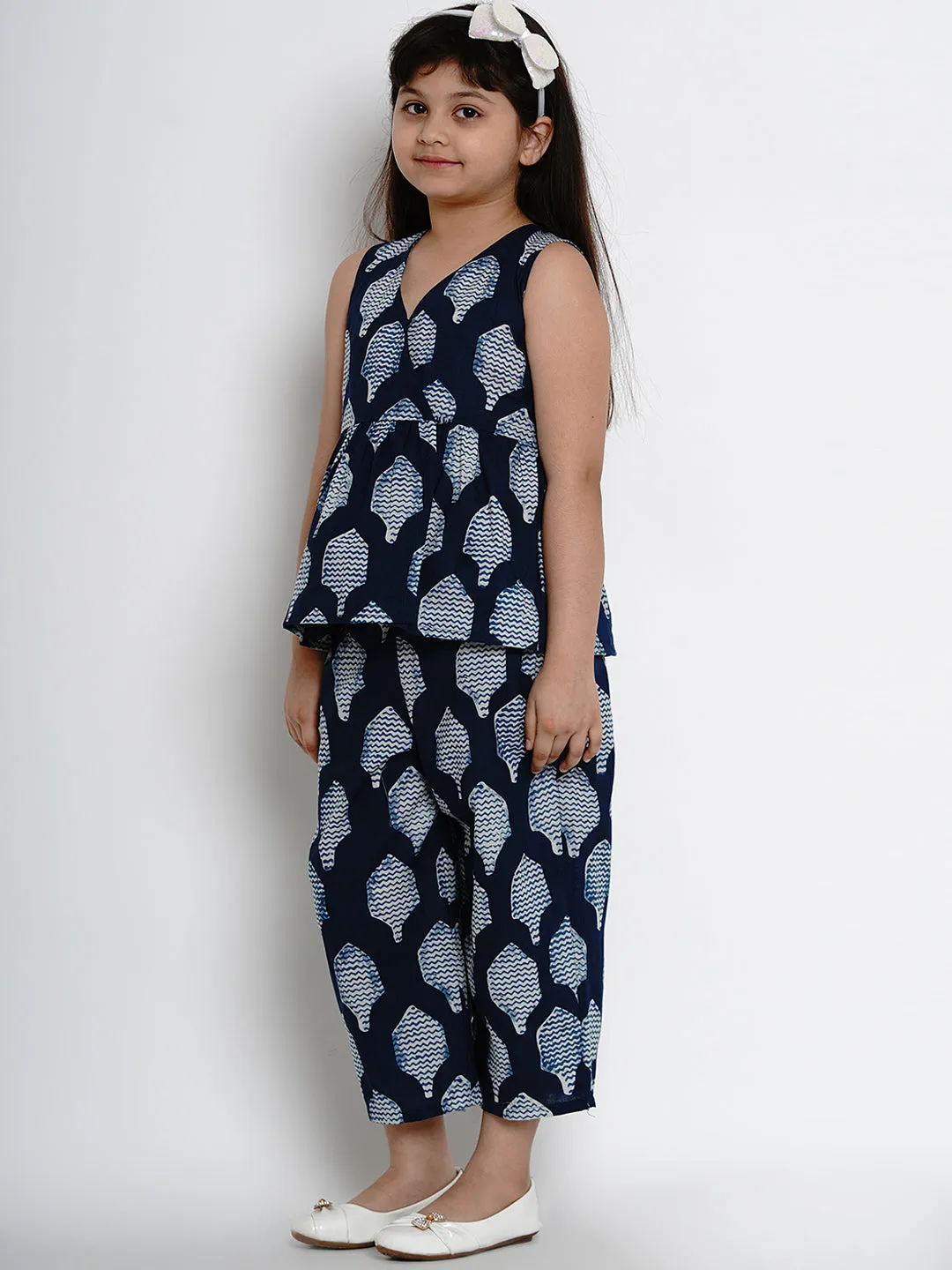 Girls Navy Blue Printed Top with Pant Set