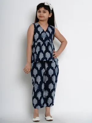 Girls Navy Blue Printed Top with Pant Set
