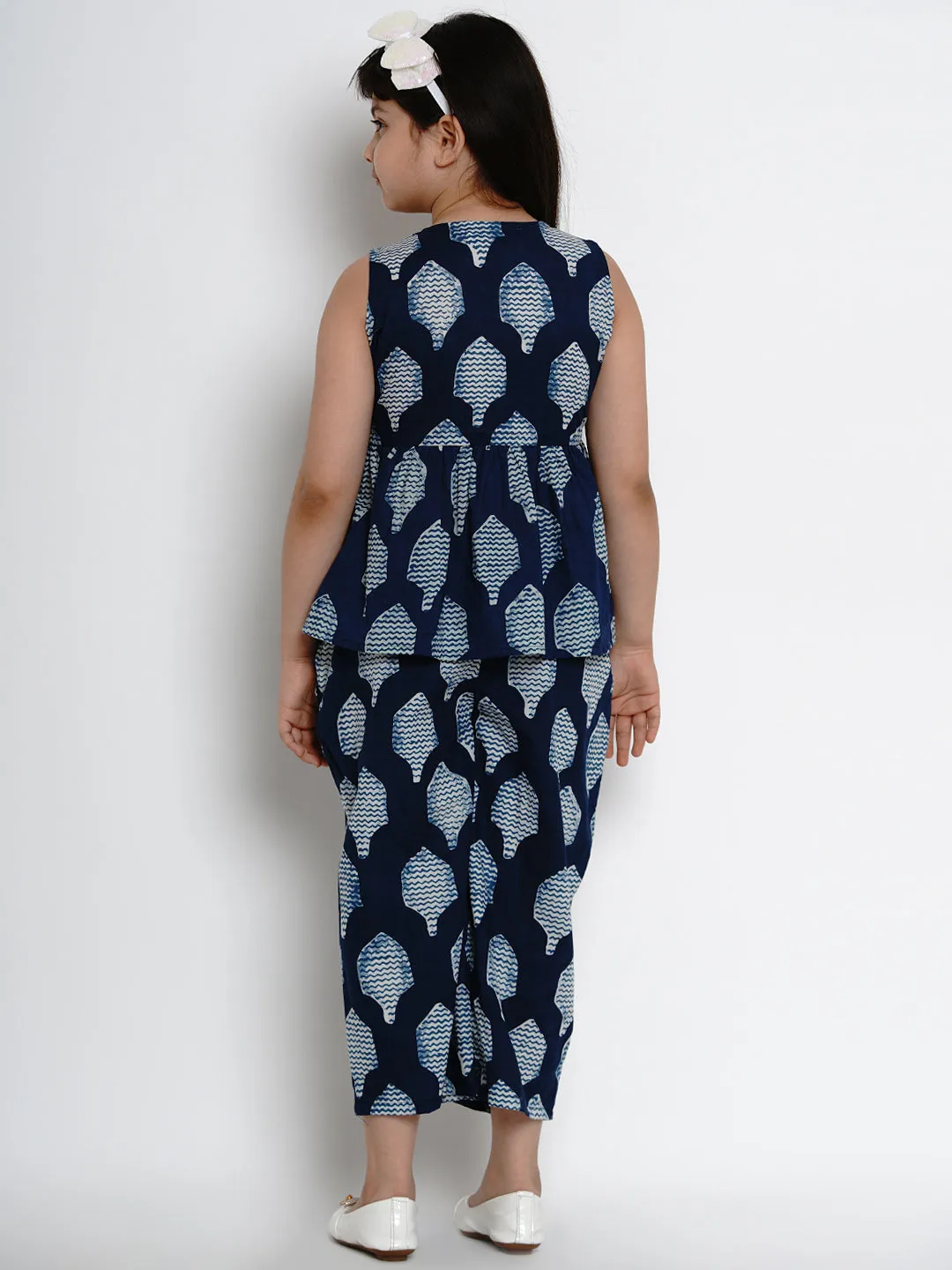 Girls Navy Blue Printed Top with Pant Set