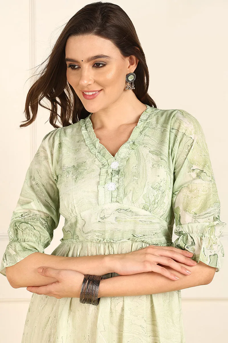 Green Cotton Abstract Printed Fit And Flare Ethnic Style Dress
