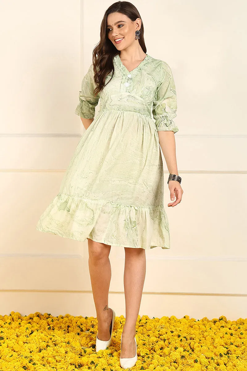 Green Cotton Abstract Printed Fit And Flare Ethnic Style Dress