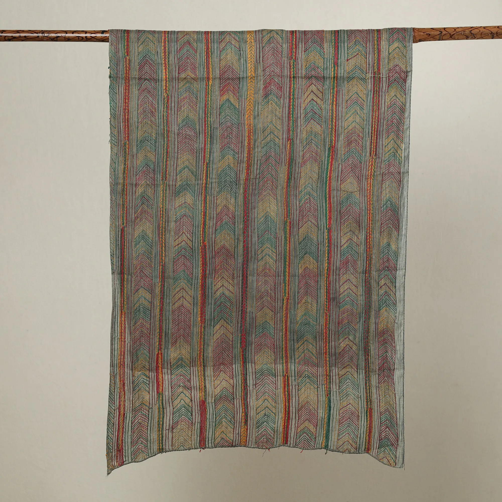 Grey - Bengal Kantha Hand Embroidery Cotton Stole 10