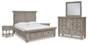 Harrastone Queen Panel Bed with Mirrored Dresser and 2 Nightstands