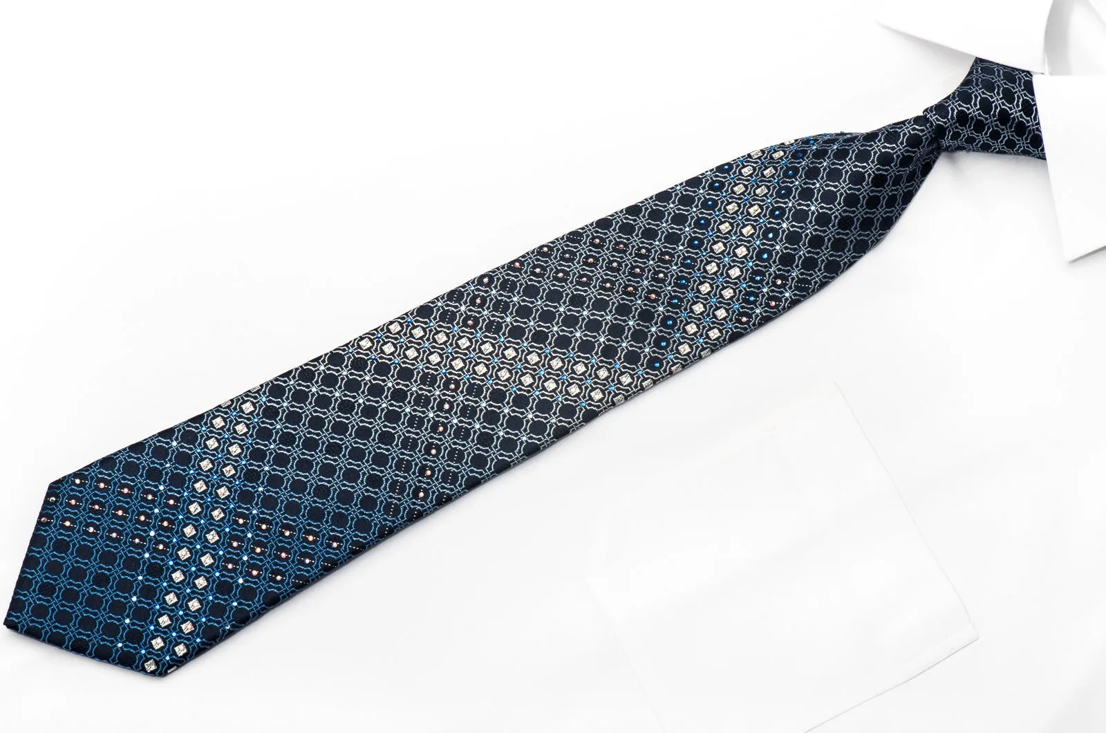 Indian Homme Men's Silk Necktie Silver Cartouche On Blue Sparkling With Rhinestones