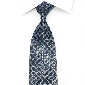 Indian Homme Men's Silk Necktie Silver Cartouche On Blue Sparkling With Rhinestones