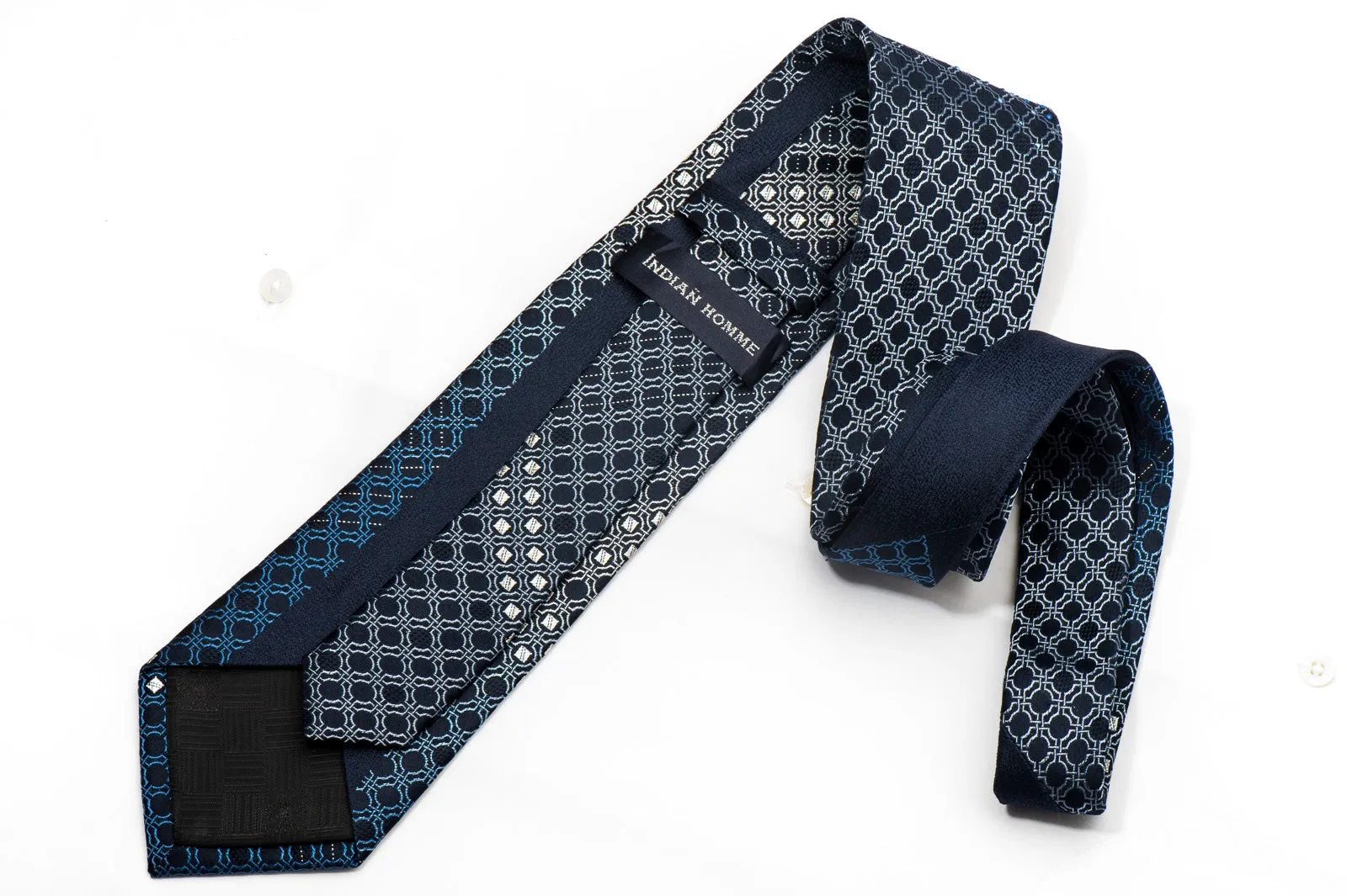 Indian Homme Men's Silk Necktie Silver Cartouche On Blue Sparkling With Rhinestones
