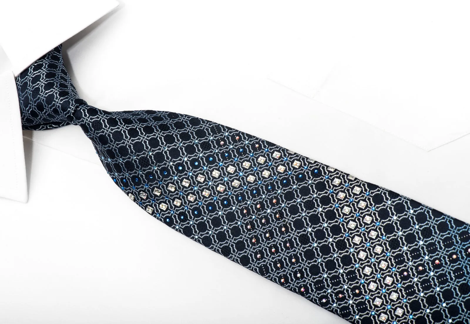 Indian Homme Men's Silk Necktie Silver Cartouche On Blue Sparkling With Rhinestones