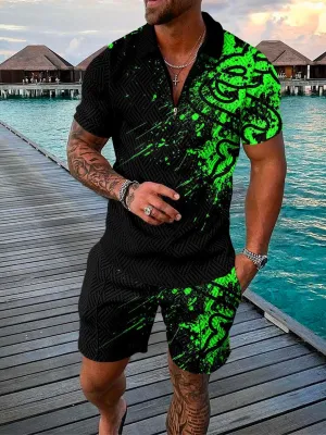Men's Summer Zip Lapel Shirt Fashion 3D Printed Short Sleeve