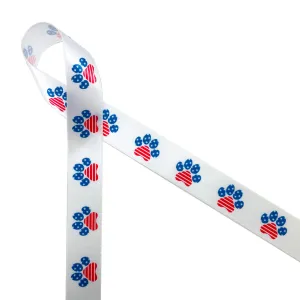 Patriotic paw print ribbon in red white and blue printed on 7/8"  white satin, 10  Yards
