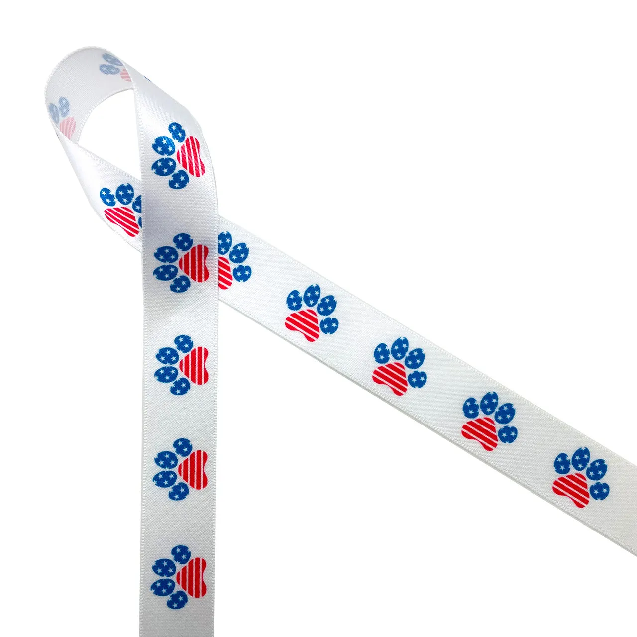 Patriotic paw print ribbon in red white and blue printed on 7/8"  white satin, 10  Yards