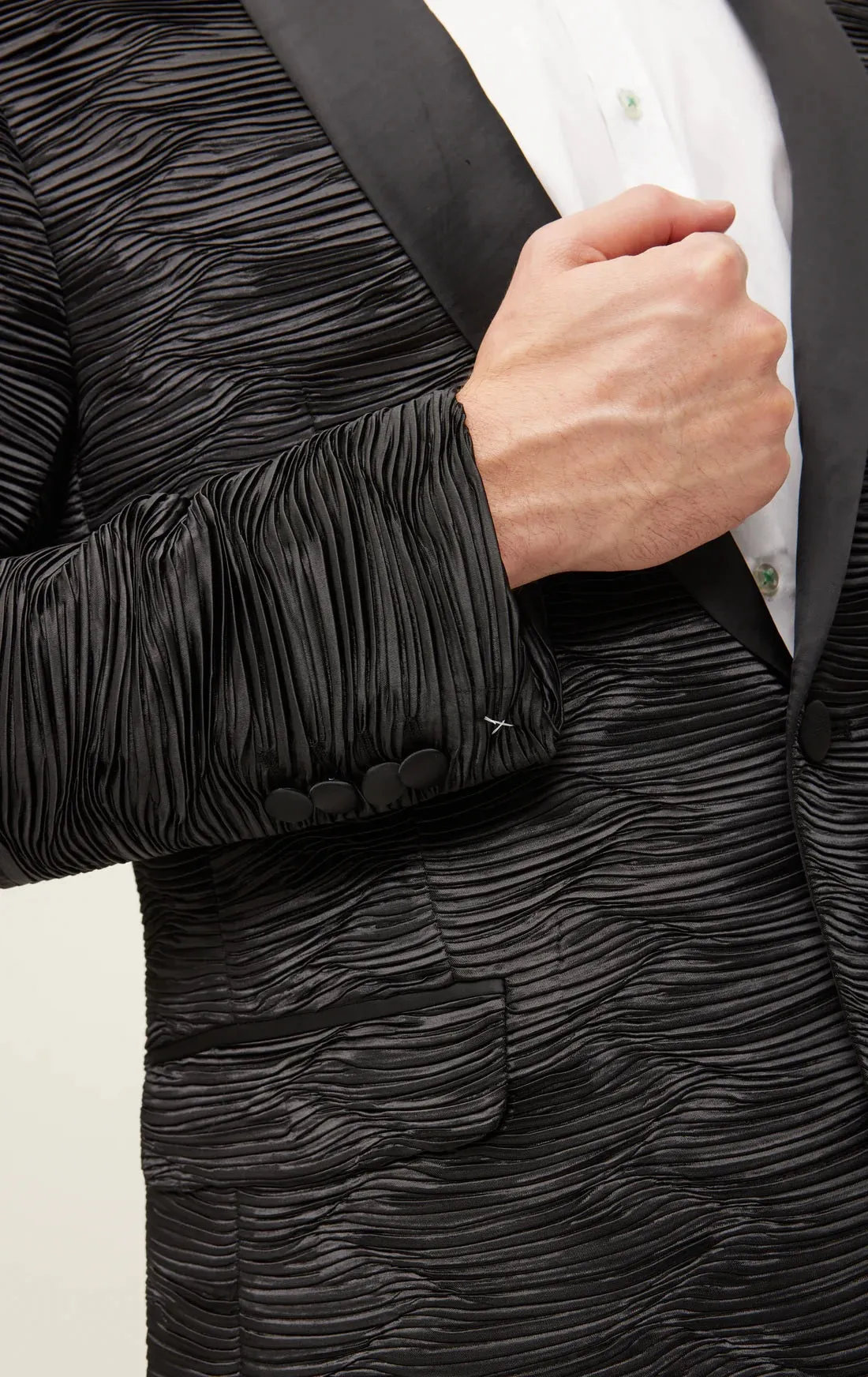 Pleated Satin Shawl Lapel Tuxedo - Black